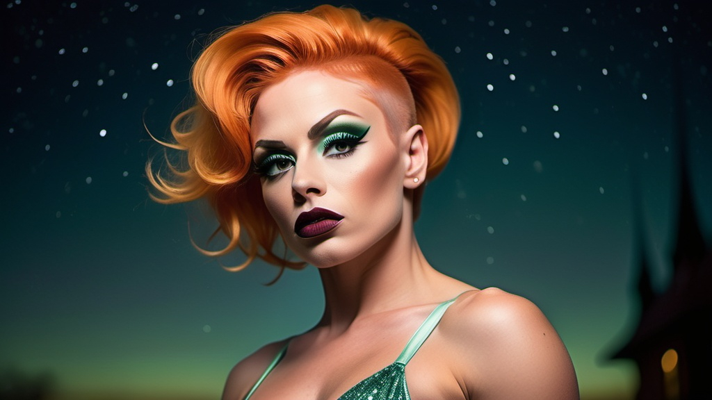 Prompt: Gorgeous ultra-muscular 25-year-old Czechian drag queen bodybuilder with short spiked swept Orange hair wearing a mint green flowy gown, dark eye shadow, heavy mascara, and dark red lipstick, staring at the stars in the sky and feeling content.