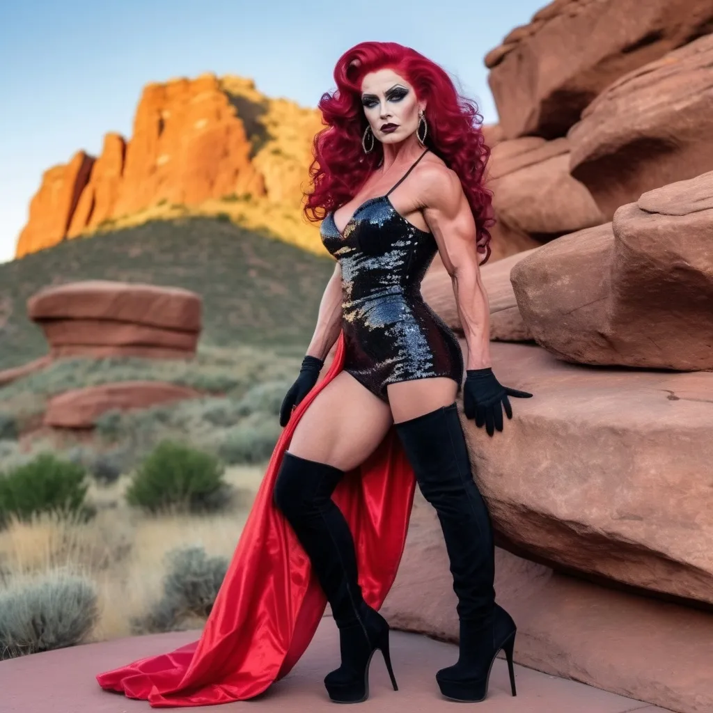 Prompt: James Dean transformed into A gorgeous muscular 35-year-old British drag queen bodybuilder with large busom, dark eye makeup, dark lipstick, a long curly dark red hair, wearing an asymmetrical black sequined gown, and 8 inch platform stiletto high heel knee-high boots, Colorado Red Rocks at sundown in the background. 