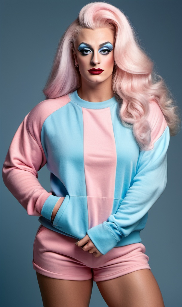 Prompt: Rodney Dangerfieldressed up as a Gorgeous ultra-muscular 25-year-old Swedish drag queen bodybuilder Gen Z fashion model, with a charming and cute vibe, dark eye makeup and dark red lipstick wearing an oversized pastel blue sweatshirt paired with black joggers and white 8 inch stiletto high heel shoes. Her relaxed yet stylish look is accessorized with a backpack and hoop earrings, perfect for a laid-back day in the city. The full-body image captures her standing in front of the iconic Truong Tien Bridge in Huế, with the peaceful river in the background. Image size: 1080x1920."