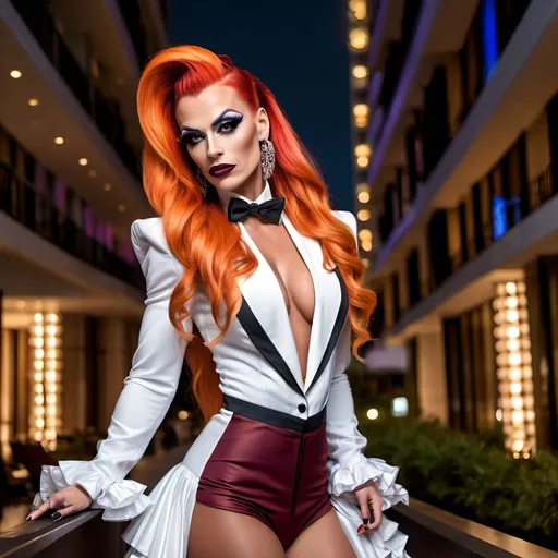 Prompt: A gorgeous muscular 35-year-old Polish drag queen bodybuilder with very long high tigh dark orange ponytail, dark eyeshadow,  and dark lipstick, wearing a multi-colored and white tuxedo with ruffles and eight inch multi-colored platform high heel shoes. Posing in front of a fancy hotel at night.