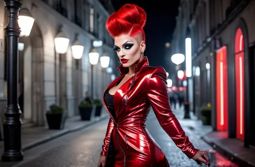 Prompt: Gorgeous ultra-muscular 25-year-old Parisan drag queen bodybuilder with bright red stylish updo hairstyle, dark eye 
makeup, and dark red lipstick is wearing closed long mirror silver swing coat and patent black 8 inch stiletto high heel overknee boots on street at night.