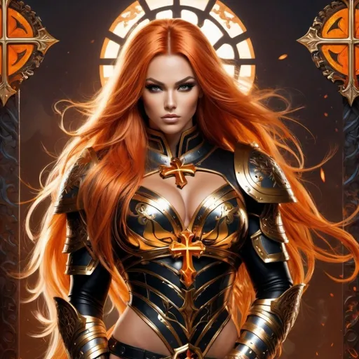 Prompt: Gorgeous ultra-muscular  25-year-old caucasian Finnish goddess bodybuilder with huge  busom and ridiculously long burnt orange hair wearing massive gothic armor with extremely detailed golden ornaments while a glowing cross stands in the Background - stunning and colorful artwork inspired by the style of Kim Hyung Tae ::5 highly stylized and artistic, with a strong emphasis on character design and visual impact, featuring unique and interesting poses and facial expressions ::4 vivid and dynamic, with a strong sense of motion and energy, featuring bold colors and interesting backgrounds ::3 highly imaginative and visually striking, with interesting lighting and shading, featuring iconic and unforgettable imagery ::3 no overly simplistic or generic designs. ::-2 --ar 9:16 --quality 2 --style expressive --niji 6