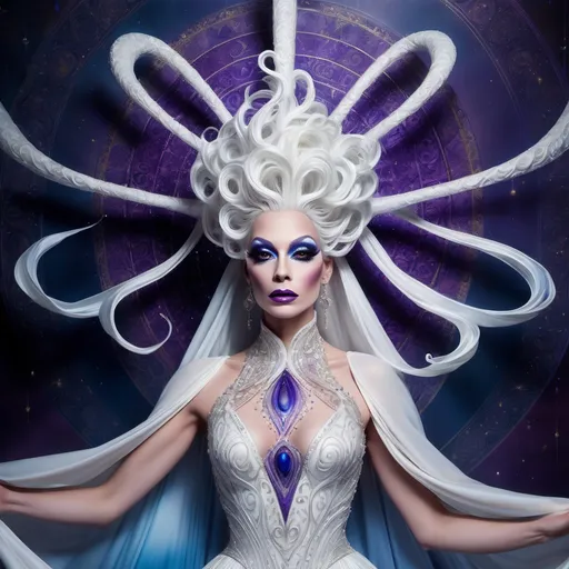 Prompt: Regal drag queen of Chaos, draped in a resplendent white gown with intricate, swirling patterns that shimmer like the sun, set against a backdrop of deep, foreboding blues and purples, evoking a sense of mystique and wonder, with radiant, ethereal light emanating from behind her, casting a halo effect, as if divinity itself had been distilled into her being, her beauty is both captivating and humbling, with delicate, luminous skin and raven tresses that cascade down her back like a waterfall of night, inspired by the dramatic lighting of Caravaggio, the vivid colors of Odilon Redon, and the intricate, symbolic details of H.R. Giger.