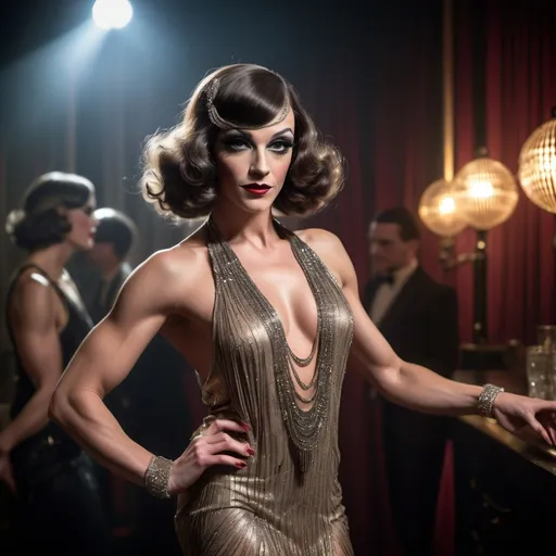 Prompt: Gorgeous muscular 25-year-old French drag queen bodybuilder Flapper dancing in a 1920s jazz-age nightclub, full body, long wavy dark hair, historically appropriate dress, confident posture, smoky and dim lighting, high quality, glamorous, 1920s, jazz-age, confident stance, dim lighting, nightlife