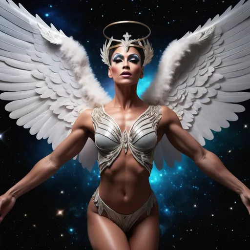 Prompt: Create a gorgeous muscular drag queen (((masculine jawline and brow features))), a lovely angel, in space, suspended in mid-air, with a serene, peaceful expression, showing her full body and wingspan, symmetrical and glistening wings outstretched, masterfully rendered in exquisite detail, showcasing intricate textures, and an, ethereal ambiance, with, luminous lighting, and a silent, iridescent glow, with a mix of realism and fantasy, blending traditional and digital media, in a highly detailed, high-resolution image, with a shallow depth of field, and a subtle bokeh effect, set against a dreamy, outer space backdrop