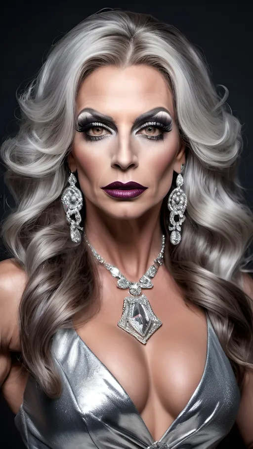 Prompt: a gorgeous ultra-muscular 45-year-old Slovakian drag queen bodybuilder with long salt & pepper wavy hair and a silver dimante dress is posing for a p, Chica Macnab, neoclassicism, full round face, dark eye makeup,  dark lipstick, bow earrings with diamond necklace and glossy lips