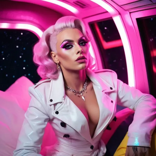 Prompt: Gorgeous nostalgic 25-year-old caucasian Polish drag queen (very strong masculine jawline and brow features) with big busom inside a spaceship, in light clothes, sitting in bed under pink neon lights, looking to the stars through the window