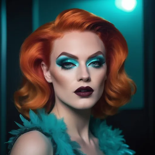 Prompt: A very handsome man dressed up as a Gorgeous 25-year-old drag queen, short swept over stylish orange hair, smoky eyeshadow,  dark red lipstick, retrofuturistic film noir by Quentin Tarantino, teal glowing haze dreamy atmosphere.