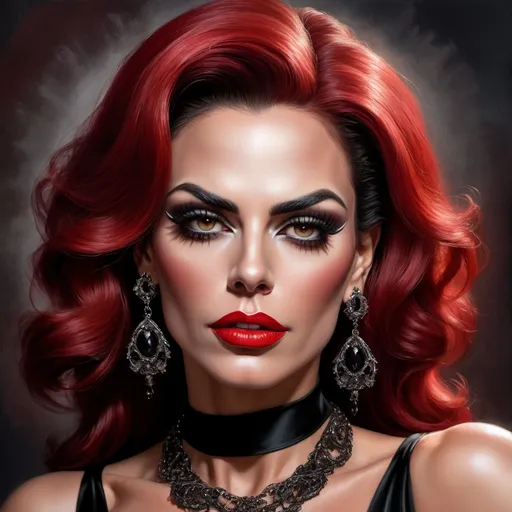 Prompt: a Gorgeous muscular 35-year-old Portuguese drag queen (very strong masculine jawline and brow features) with a necklace and earrings on her neck and red lips and a black dress on her chest, Edwin Georgi, gothic art, highly detailed digital painting, a photorealistic painting