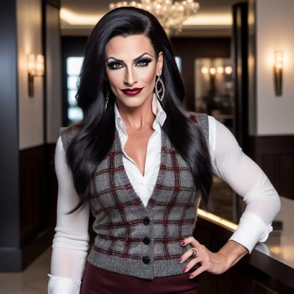 Prompt: Gorgeous muscular 35-year-old Israeli drag queen (strong masculine jawline and brow) with long straight shiny black hair, dark smoky eyeshadow and dark red lipstick, smile, silver jewels, chic white blouse, tweed sweater vest, plaid pencil skirt, standing profile in a luxe lobby, well lit, high detail & quality, 8k, pro photo.