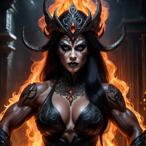 Prompt: In a stunningly detailed 8K cinematic painting, a malevolent drag queen enchantress bodybuilder exudes power and malice through her fiery eyes in a high fantasy realm. Her dark sorcery mastery is evident in her regal yet ominous presence, with flowing ebony hair and intricate, sinister attire that accentuates her commanding presence. The photorealistic depiction captures every intricate detail, from the intricate patterns on her robes to the eerie glow of her magical aura, drawing viewers into a realm of dark and dangerous beauty.