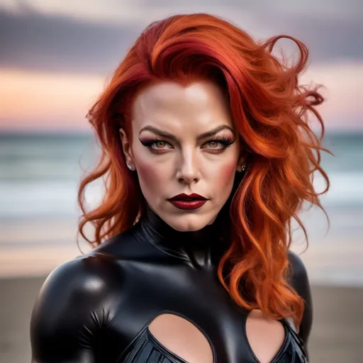 Prompt: In a dark, mysterious beach setting, Ben Affleck dressed up as a daring, gorgeous 25-year-old Swedish drag queen bodybuilder with vibrant red hair, heavy mascara, and dark red lipstick strikes a fierce pose for a photo. Her wild, messy hair contrasts in black and orange hues, creating a striking blend of edginess and glamor. The long, shaggy locks cascade around her, exuding confidence and individuality as the full moon shimmers off her.