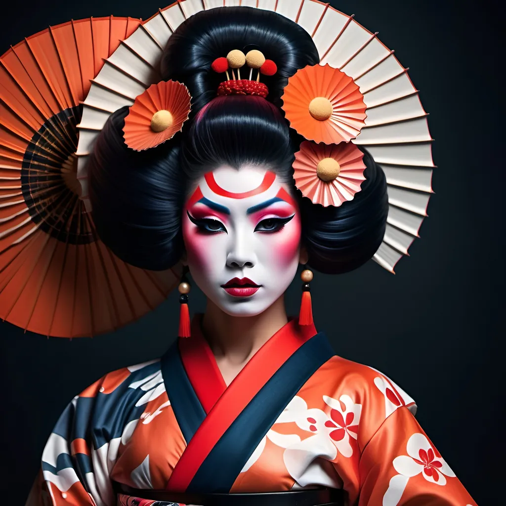 Prompt: Gorgeous muscular 25-year-old Japanese drag queen dressed up as a Avantgarde geisha, (innovative styling), bold colors, intricate patterns, striking makeup, (dramatic hairstyles), seamless blend of tradition and modernity, (elegant pose), atmospheric background with abstract elements, captivating and surreal vibe, (highly detailed), enchanting yet edgy aesthetic, (4K quality), intriguing juxtaposition of vintage and contemporary.