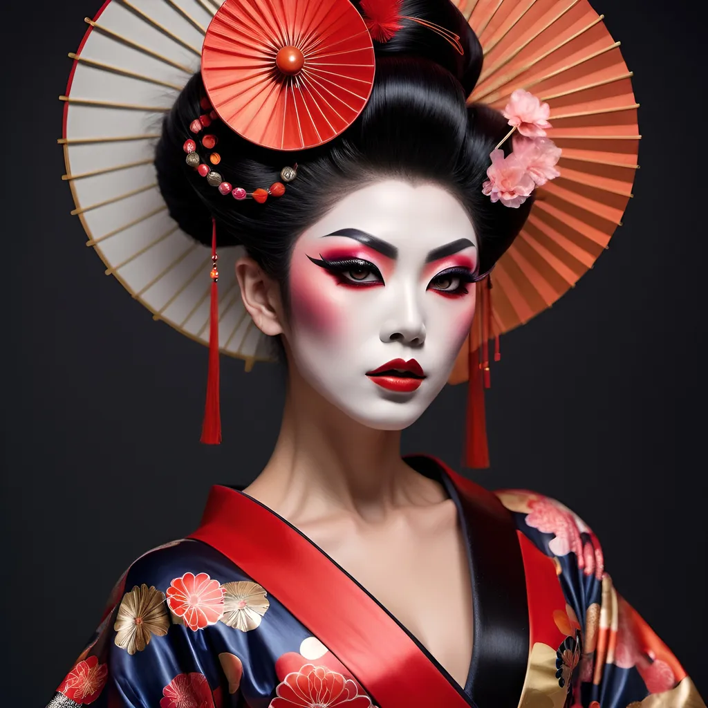 Prompt: Gorgeous muscular 25-year-old Japanese drag queen dressed up as a Avantgarde geisha, (innovative styling), bold colors, intricate patterns, striking makeup, (dramatic hairstyles), seamless blend of tradition and modernity, (elegant pose), atmospheric background with abstract elements, captivating and surreal vibe, (highly detailed), enchanting yet edgy aesthetic, (4K quality), intriguing juxtaposition of vintage and contemporary.