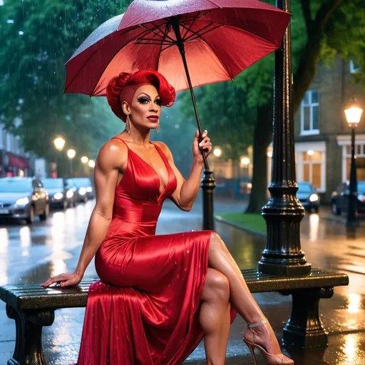 Prompt: A mesmerizing digital photograph of a gorgeous, tall, muscular 35-year-old British drag queen in a flowing red silk dress, seated on a wet bench beneath a dim, old street lamp in a rain-soaked park. With an air of mystique, she gracefully dances, its rich tones resonating through the damp air. The atmosphere is both enchanting and melancholic, with the rain-drenched landscape enhancing the emotional intensity of the scene.