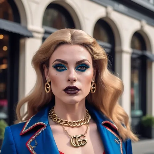 Prompt: A gorgeous muscular 25-year-old French drag queen Instagram influencer with medium busom, dark blonde hair, darkeyeshadow,  heavy mascara, and dark lipstick, blue eyes, photoshoot. in a outdoor fancy area. background Gucci store. 

photorealistic, (realistic skin texture)
high dynamic range.