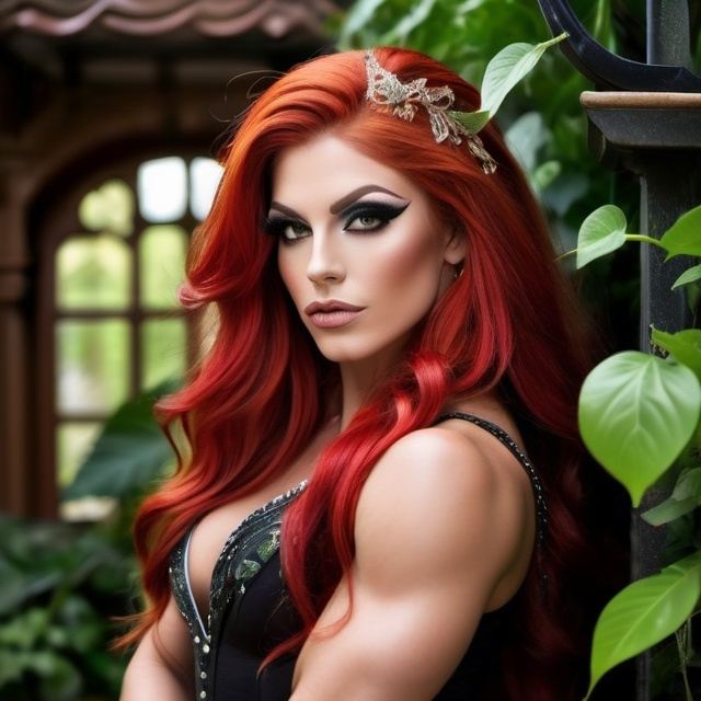 Prompt: Gorgeous ultra-muscular 25-year-old Czechian drag queen bodybuilder witch, deep gray eyes, deep look, very long red hair, light contrast, baroque intricate portrait, young female witch sitting in her garden house.