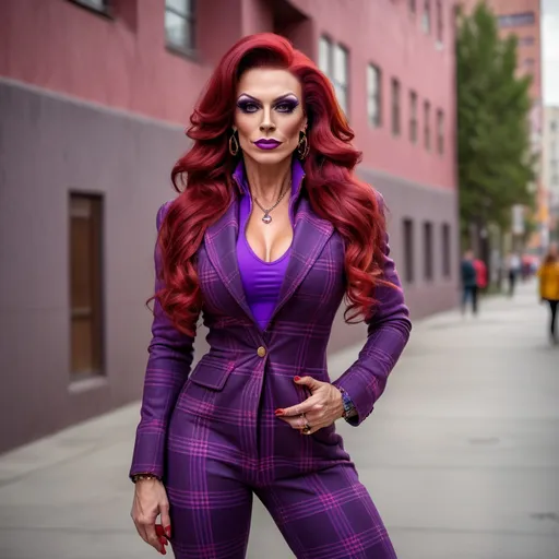 Prompt: Gorgeous ultra-muscular 35-year-old Russian drag queen bodybuilder), long thick stylish dark red wavy hair, wearing (bright purple turtleneck), (vibrant brown sport coat), plaid pants, 8 inch red Converse All Star high heel shoes, striking heroic confident pose, (fun colorful retro  setting), old timey control panels, (highly detailed), (4K), playful ambiance, whimsical atmosphere, eclectic background elements, lush colors for a captivating visual experience.