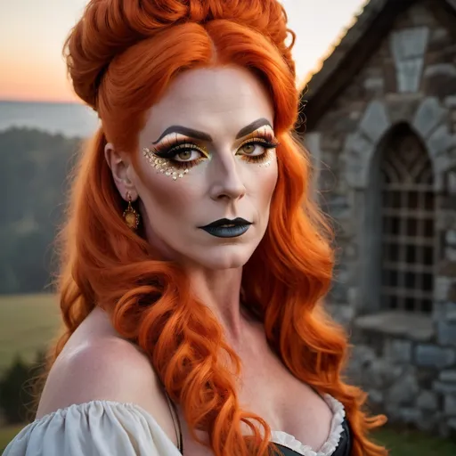 Prompt: Gorgeous muscular 35-year-old Irish drag queen Pilgrim with orange hair, immaculate fashion makeup,  posing in 17th century America at sunrise.