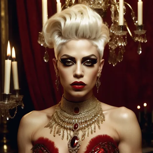 Prompt: a gorgeous ultra-muscular 25-year-old Czechian drag queen goddess in a red dress and gold jewelry, short sassy silver hair dark eye shadow and dark red lipstick, and a chandelier with candles in the background, Annie Leibovitz, romanticism, elegance, a still life