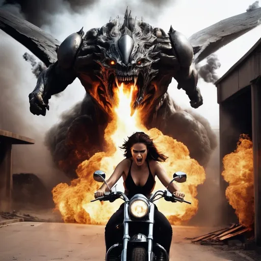 Prompt: Faster than a bullet
Terrifying scream
Enraged and full of anger
She is half woman and half machine
Rides the metal monster
Breathing smoke and fire
Closing in with vengeance soaring high