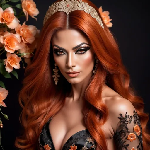 Prompt: A gorgeous muscular 35-year-old Bulgarian drag queen (strong masculine jawline and brow features) with long luscious burnt orange hair wearing (breathtaking black oriental dress), (exquisite bride), radiant beauty, exquisite lace and satin details, flowing train adorned with delicate embroidery, beautiful soft natural lighting, romantic ambiance, lush blossom background, high-resolution, ultra-detailed, elegant and dreamy atmosphere, showcasing the perfect harmony of love and elegance, whimsical setting filled with soft pastel colors.