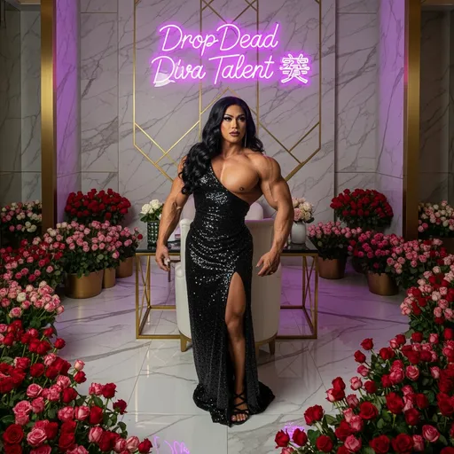 Prompt: A very muscular 35-year-old Filipino drag queen is in a luxury office with marble floor to ceiling with bundles of roses, all around lit up by neon sign that says Drop Dead Diva Talent 🌹