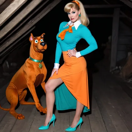 Prompt: Gorgeous muscular 25 year old goddess dressed as Fred Jones ((((scooby doo character)))) in white long sleeve shirt, teal long skirt and orange ascot with blonde, blonde updo, large busom, long muscular legs and 8 inch stiletto high heels shoes, spooky, dark, dimly lit haunted attic. white long sleeve shirt. Ghosts and spiders