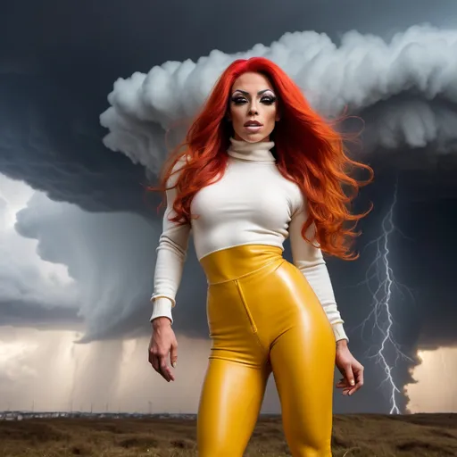 Prompt: Gorgeous ultra-muscular 25-year-old French drag queen bodybuilder with very long wavy bright red hair (((blowing in the wind))) wearing yellow turtleneck sweater and white leather pants, is standing on the edge of oblivion, a mushroom cloud in the distance. A stormy sky and lightning is overhead.