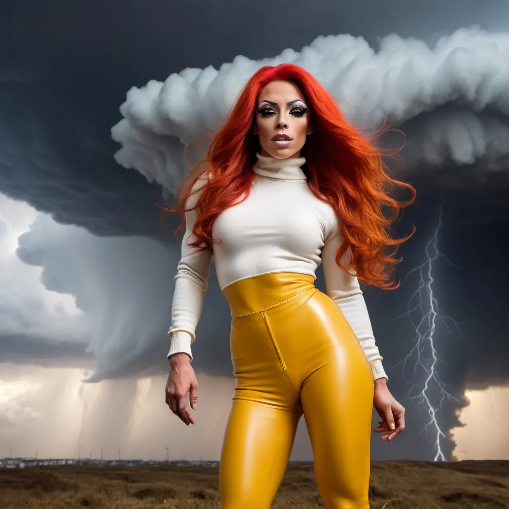 Prompt: Gorgeous ultra-muscular 25-year-old French drag queen bodybuilder with very long wavy bright red hair (((blowing in the wind))) wearing yellow turtleneck sweater and white leather pants, is standing on the edge of oblivion, a mushroom cloud in the distance. A stormy sky and lightning is overhead.