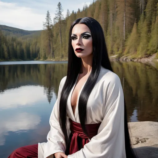 Prompt: Gorgeous ultra-muscular25-year-old Swedish drag queen with long straight shiny black hair, meditate, wisdom, Brown and white robes, laidback relaxed, dark heavy mascara, dark red lipstick. Meditating in a serene wilderness setting by a lake.