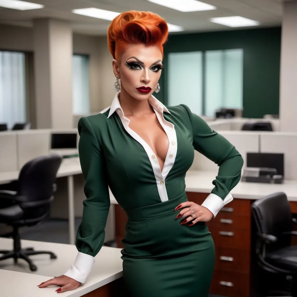 Prompt: Gorgeous ultra-muscular 25-year-old drag queen businesswoman, very well endowed, dark orange updo hairstyle, wearing sophisticated dark green business dress and white blouse, dark eye shadow and dark red lipstick, 8 inch stiletto high heel shoes, standing by a cubicle 