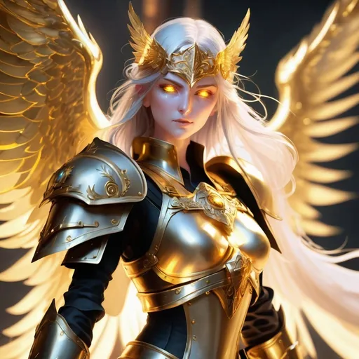 Prompt: DnD style Aasimar with golden mask, sword, and shield, glowing golden eyes, intricate gold details, high quality, fantasy, detailed armor, radiant lighting, heroic pose, divine aura, female, Full Mask