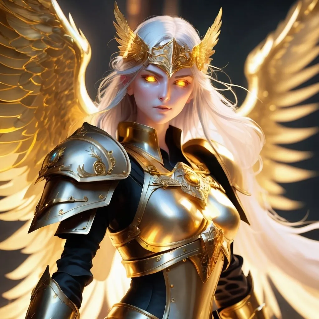 Prompt: DnD style Aasimar with golden mask, sword, and shield, glowing golden eyes, intricate gold details, high quality, fantasy, detailed armor, radiant lighting, heroic pose, divine aura, female, Full Mask