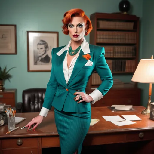 Prompt: Beautiful muscular 35-year-old European drag queen with short silky dark orange hair, piercing green eyes, strong masculine jawline and brow features, upturned brows, white silk blouse, teal pin-striped blazer & matching pencil skirt, teal pumps, standing in a shabby 1930s office, holding a lit cigarette, wisps of smoke, film noire ambiance, high detail & quality, incandescent light, 8k, cinematic photo.