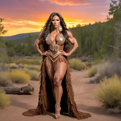 Prompt: Gorgeous muscular 25-year-old Sioux (native American) drag queen bodybuilder with huge busom and ridiculously long shiny wavy hair, wearing tradional fringed deer skin dress and 8 inch stiletto high heel shoes posing in the American mid-west wilderness at sundown.