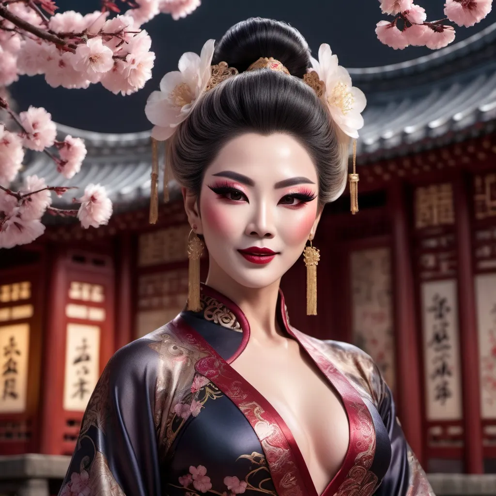 Prompt: (Chinese drag queen bodybuilder), elegant pose, delicate features, dark eyeshadow, dark lipstick, softly smiling expression, flowing traditional dress with intricate patterns, lush silk fabric, warm glowing light, serene atmosphere, cultural background elements such as cherry blossoms and ancient architecture, ultra-detailed, high quality, 4K resolution.