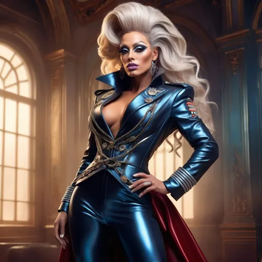 Prompt: photorealistic full-body of a (beautiful) French drag queen bodybuilder in a (detailed ceremonial high-ranking military suit), (buttoned coat), (futuristic leather boots), a (gorgeous face) showcasing (detailed features) with (braided hair), in an (elegant pose), emanating (imposing) presence with a (glowing charm), surrounded by (magical radiating lines), set against a (fantasy backdrop) that enhances the (ethereal lighting), ultra-detailed, high-quality.