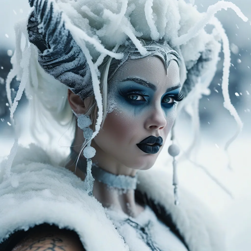 Prompt: Snow swirling into gorgeous Icelandic goddess drag queen with muscular physique made of ice, minimalistic, sleek