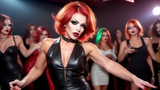 Prompt: (Gorgeous ultra-muscular 25-year-old Czechian drag queen with petite feminine muscular body), (lightly masculine facial structure), medium length messy red bob cut hair, heavy mascara, dark red lipstick, 
 wearing stylish male clothes, leather collar, 8 inch stiletto high heel shoes, dancing joyfully with other girls, vibrant colors, energetic ambiance, dynamic motion, fun atmosphere, (HD), ultra-detailed, whimsical background filled with flowing fabrics and abstract shapes.