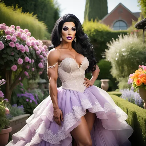 Prompt: Gorgeous ultra-muscular 25-year-old Turkish drag queen bodybuilder with very long wavy shiny black hair wearing a Pale purple wedding dress with lace bodice and high-low skirt and off the shoulder straps posing in a beautiful garden on a sunny day