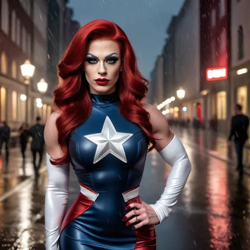 Prompt: Captain America dress as A hyper realistic flawless 25-year-old gorgeous Austrian drag queen bodybuilder with red hair walking the streets as a classy debutante on a dark and rainy night. Heavy eye makeup. Dark red lipstick.