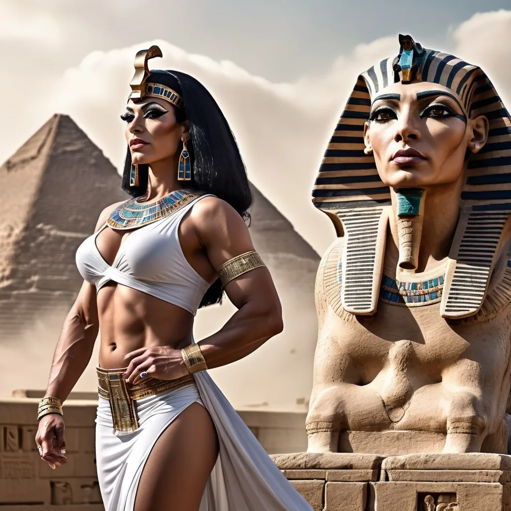 Prompt: （Full body image)In ancient Egypt, a gorgeous muscular 35-year-old Egyptian drag queen bodybuilder, dressed in flowing formal attire, standing with the majestic Great Sphinx in the background, receiving the admiration of the people. Digital art, hyper detailed, ultra realistic, highly detailed, surreal heavy mist,

Perfect studio lighting, perfect shading, impeccable contrast, HDR, UHD, high res, 64k
