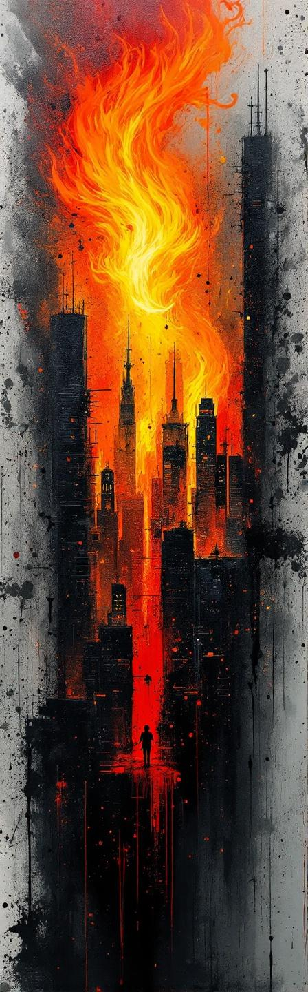 Prompt: Graffiti, splatter painting of a burning city destroyeds by a burning horror Phoenix