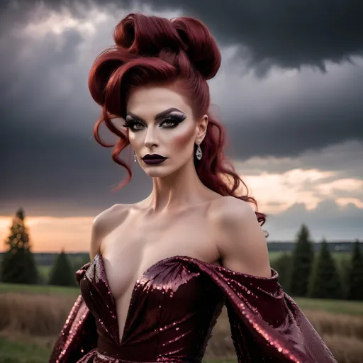 Prompt: Gorgeous muscular 25-year-old Czechian drag queen with long dark red flowing updo hair, dark eyeshadow and dark lipstick, long flowing sequined gown, romantic outdoor setting, dramatic sky, An ultra-realistic photograph captured with a Sony α7 III camera, equipped with an 85mm lens at F 1.2 aperture setting,  The image, shot in high resolution and a 16:9 aspect ratio, captures the subject’s natural beauty and personality with stunning realism –ar 16:9 –v 5.2 –style raw