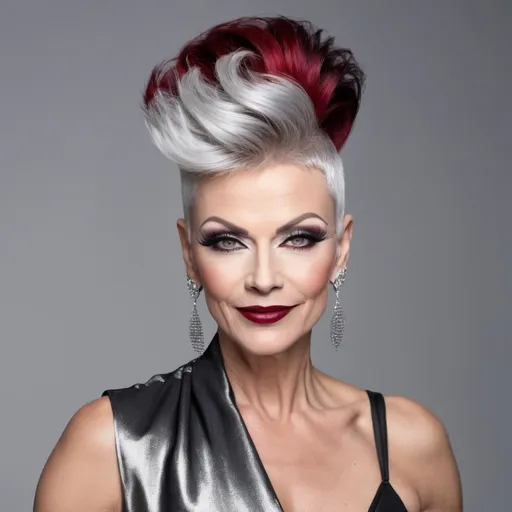 Prompt: side buzzed fade longer updo top cut with a silver and black trendy moehawk, hair cut sample, fashion magazine, high focus on trendy hairstyle, gorgeous 50-year-old Finnish drag queen bodybuilder model with thick eyeshadow and dark red lipstick, flirty, confident smile --ar 9:16 --v 6.0