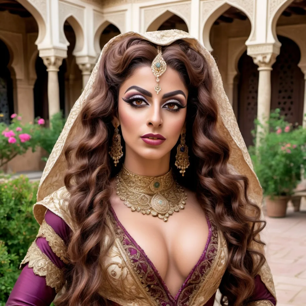 Prompt: A realistic photograph of A gorgeous  muscular  25-year-old  Arabic drag queen  dressed up as a 17 century Islamic Mughal court dancer Laila with long curly brown hair wearing dupatta in the courtyard garden  