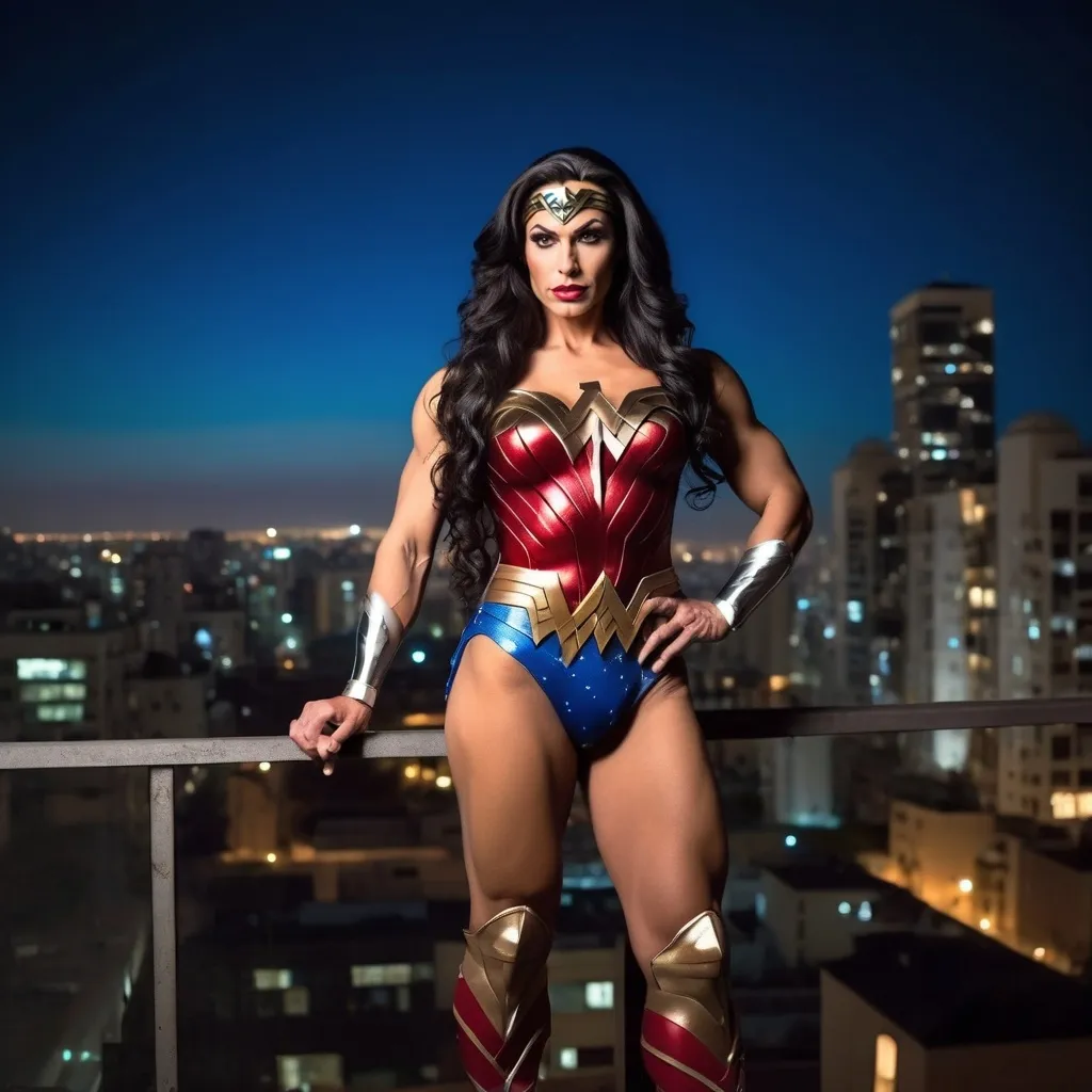 Prompt: Gorgeous muscular 35-year-old Israeli drag queen bodybuilder (strong masculine jawline and brow facial features) with large busom and ridiculously long wavy black hair, dressed as Wonder Woman (DC Comics Character), standing on the ledge of a building at night.