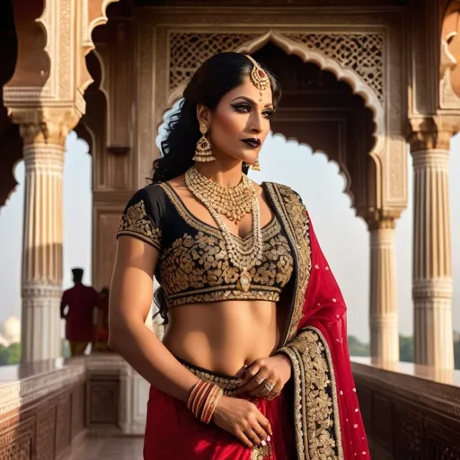 Prompt: In 1670's a gorgeous, very muscular 35-year-old Indian drag queen (with strong masculine facial features, dark lipstick, large busom) standing majestically in front of the Taj Mahal, wearing an opulent and elaborate traditional Indian royal dress adorned with intricate gold embroidery and sparkling jewels. She exudes grace and power, with a serene yet commanding expression that captures the admiration of the gathered crowd. The scene is composed with expert artistry, featuring dramatic lighting that highlights the rich textures of her attire and the architectural beauty of the Taj Mahal. The composition should feel like a professional artistic photograph, with meticulous attention to details in posture, facial expression, and the interplay of light and shadow, creating an atmosphere of regal elegance and reverence.