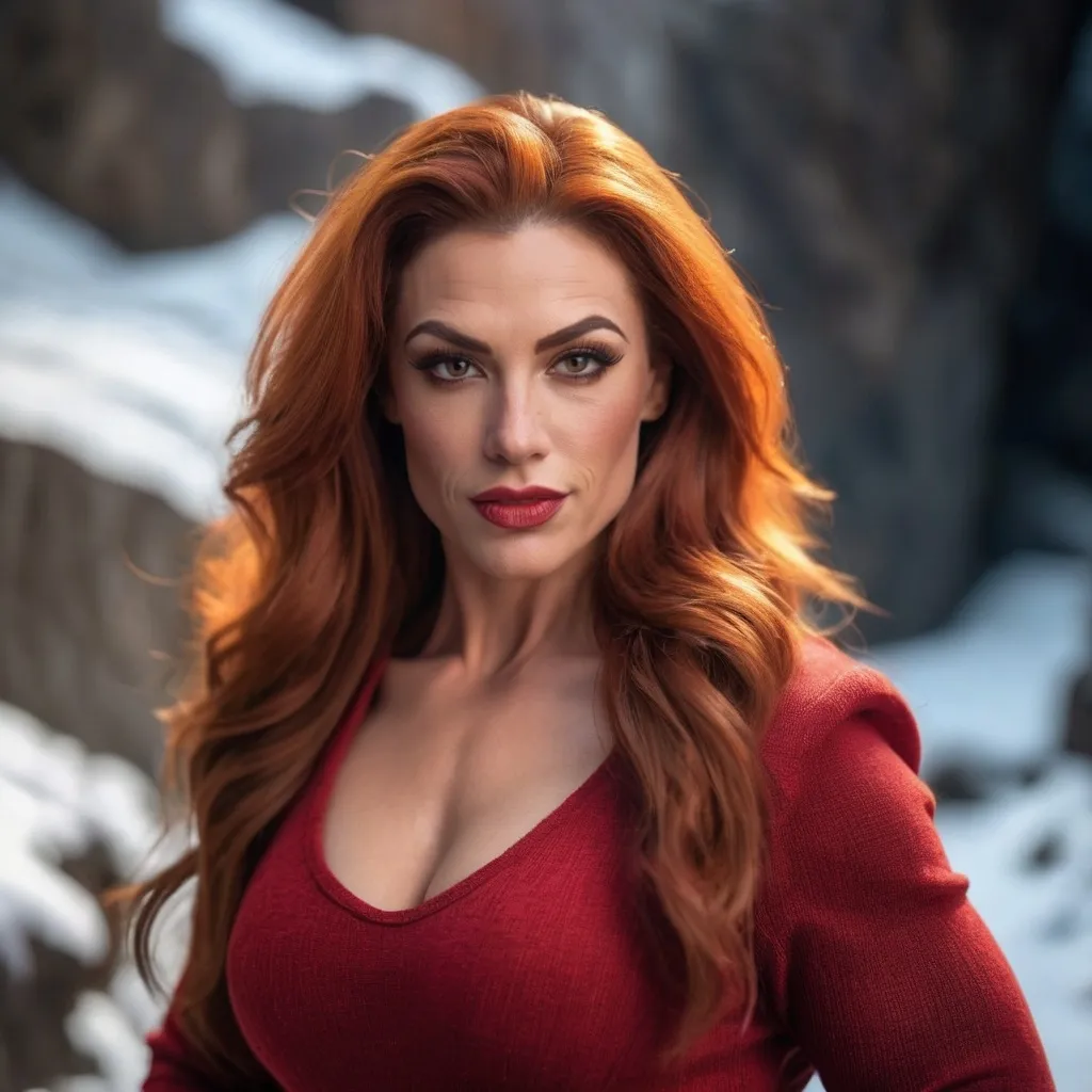 Prompt: professional portrait photograph of a gorgeous muscular 35-year-old French drag queen bodybuilder (very strong masculine jawline and brow features) in red winter clothing, long natural red hair, most attractive face, (freckles), nice smile, cute stylish makeup, wearing elegant warm winter fashion clothing, ((standing out side a frozen cave), hyper- realistic, detailed features, realistic lighting, high quality, realistic view,, elegant, realistic setting, professional, detailed, glamorous, actress, iconic, stunning modern urban environment, ultra realistic, concept art, elegant, highly detailed, intricate, sharp focus, depth of field, f/1. 8, 85mm, medium shot, mid shot, (((professionally color graded))), bright soft diffused light, (volumetric fog), trending on instagram, hdr 4k, 8k